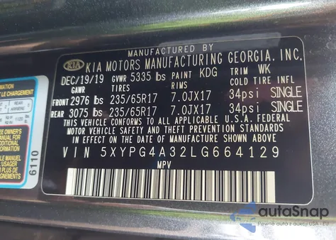 2020 Kia Sorento 2.4L Lx from USA, damaged, VIN 5XYPG4A32LG664129